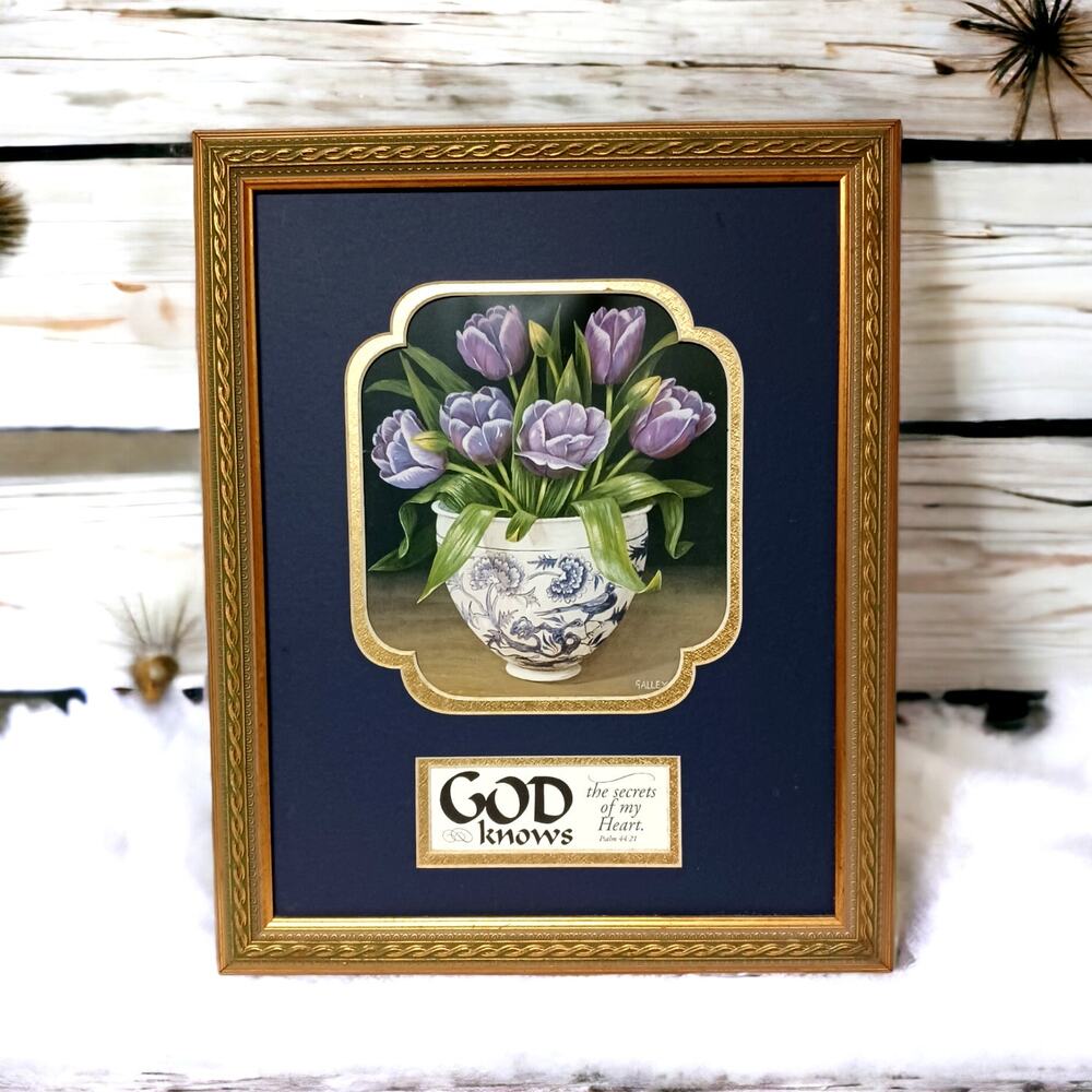 Christian Scripture Framed Picture Purple Floral Tulips Ps 44:21 Inspirational